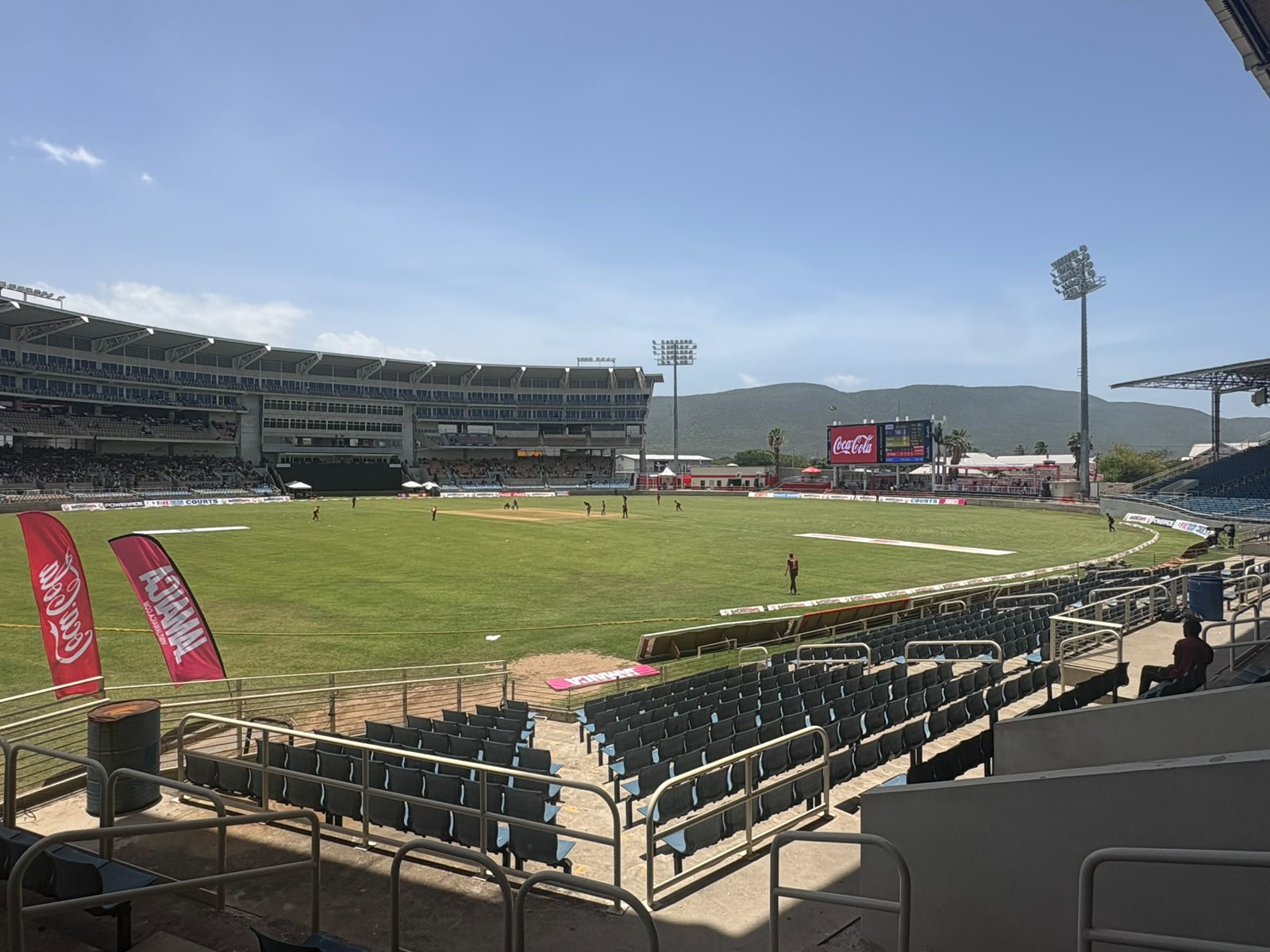 Cricket West Indies match at Sabina Park, Kingston, with the Blue Mountains behind