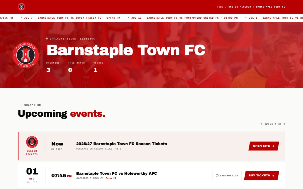 Live INTIX ticketing page for Barnstaple Town FC on the club's own branded page