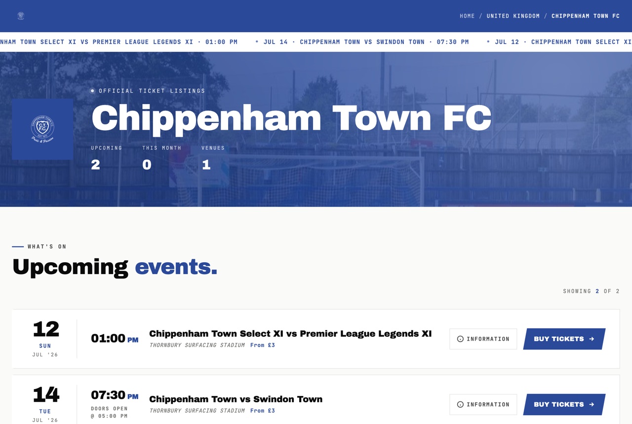 Live INTIX ticketing page for Chippenham Town FC showing upcoming fixtures, ticket prices and buy buttons